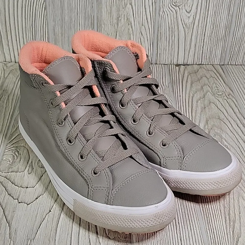 Converse Grey Leather High Top Sneakers Coral Pink Terry Lining Juniors Size 6